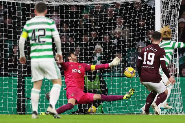 Celtic’s Kyogo Furuhashi scores the goal that caused all sort of furore through appearing to result from the striker being in a marginally offside position. (Photo by Craig Williamson / SNS Group)