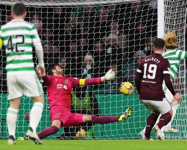 Celtic’s Kyogo Furuhashi scores the goal that caused all sort of furore through appearing to result from the striker being in a marginally offside position. (Photo by Craig Williamson / SNS Group)