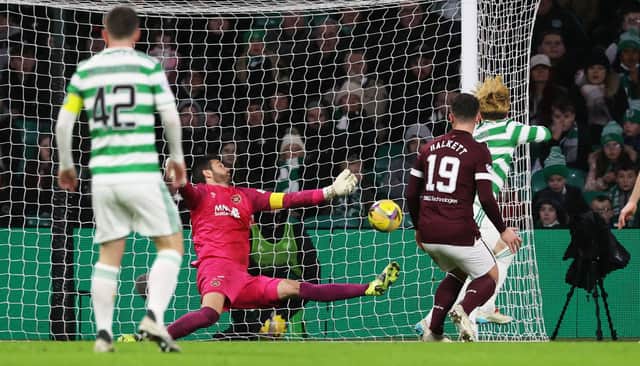 Celtic’s Kyogo Furuhashi scores the goal that caused all sort of furore through appearing to result from the striker being in a marginally offside position. (Photo by Craig Williamson / SNS Group)
