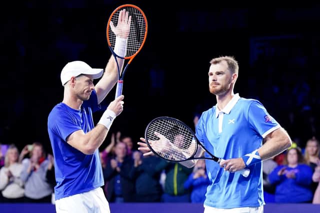 Scotland's Andy Murray and Jamie Murray celebrate after winning their match against England's Dan Evans and Neal Skupski during day two of Schroders Battle of the Brits at P&J Live, Aberdeen. Picture date: Thursday December 22, 2022.
