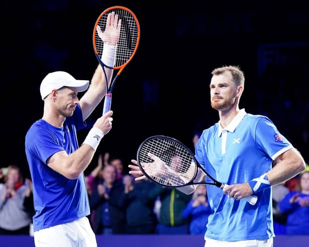 Scotland's Andy Murray and Jamie Murray celebrate after winning their match against England's Dan Evans and Neal Skupski during day two of Schroders Battle of the Brits at P&J Live, Aberdeen. Picture date: Thursday December 22, 2022.