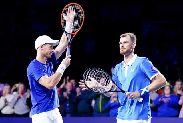 Scotland's Andy Murray and Jamie Murray celebrate after winning their match against England's Dan Evans and Neal Skupski during day two of Schroders Battle of the Brits at P&J Live, Aberdeen. Picture date: Thursday December 22, 2022.