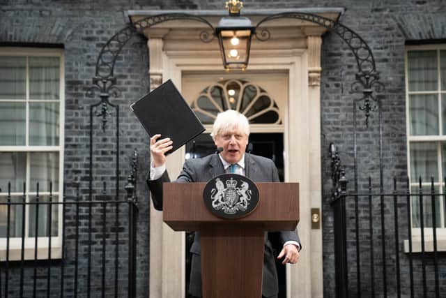 Outgoing Prime Minister Boris Johnson addresses the media outside 10 Downing Street.