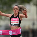 Eilish McColgan wins the Women's elite race during the Vitality London 10,000m road race on May 02, 2022 in London, England.