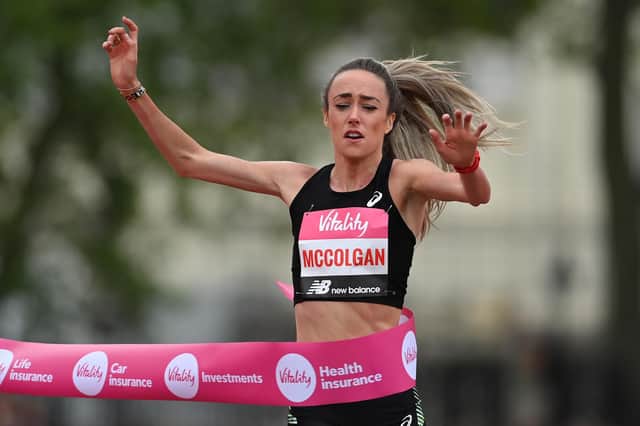 Eilish McColgan wins the Women's elite race during the Vitality London 10,000m road race on May 02, 2022 in London, England.
