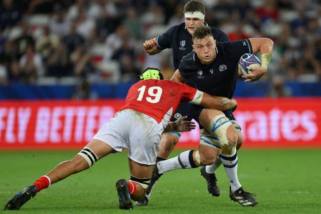 Jack Dempsey in action for Scotland against Tonga during the Rugby World Cup Pool B match at Stade de Nice. He is back training with Glasgow Warriors.  (Photo by NICOLAS TUCAT/AFP via Getty Images)