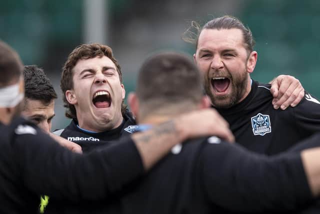 Josh Mckay, left, and Ryan Wilson are full of laughs during a Glasgow Warriors training session at Scotstoun. (Photo by Ross MacDonald / SNS Group)