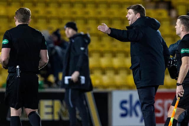Steven Gerrard on the field at the Tony Macaroni Arena as he remonstrates with referee John Beaton. Picture: SNS