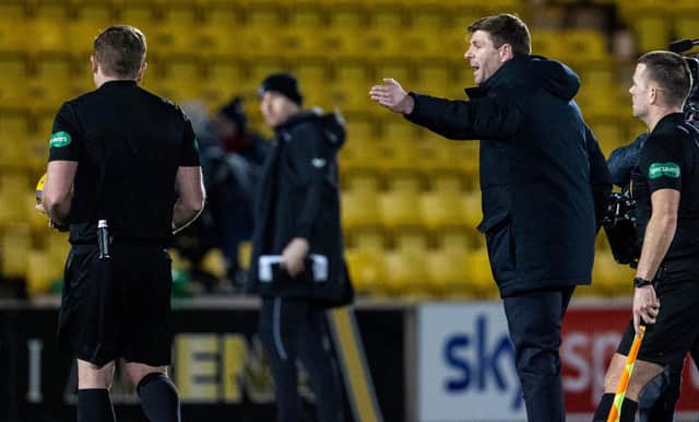 Steven Gerrard on the field at the Tony Macaroni Arena as he remonstrates with referee John Beaton. Picture: SNS