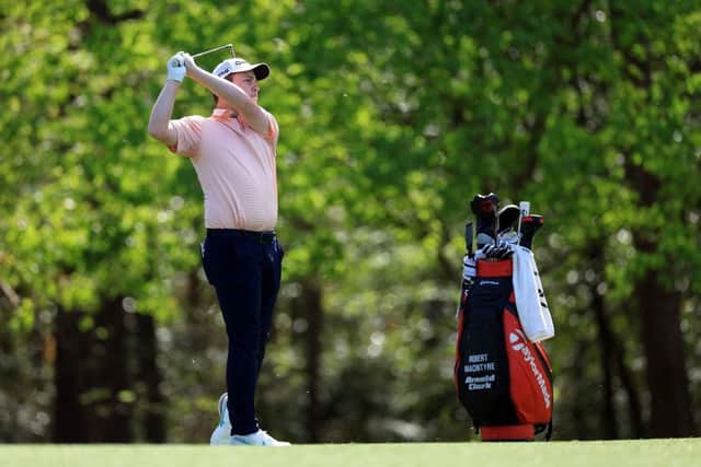 Bob MacIntyre  plays a shot on the 11th hole during a practice round prior to the Masters at Augusta National Golf Club. Picture: David Cannon/Getty Images.