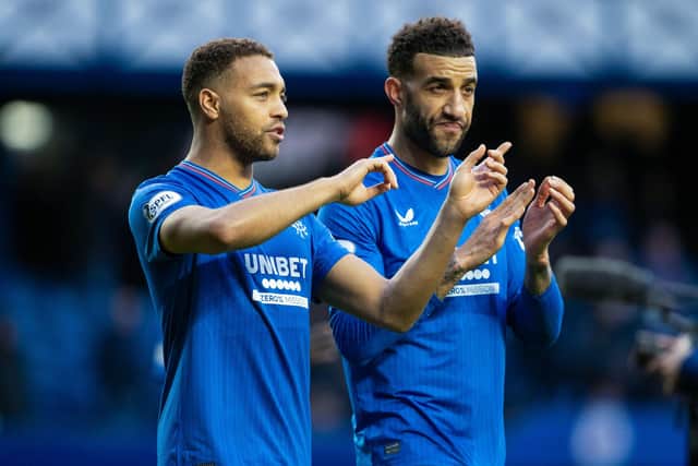 Connor Goldson, right, made his 300th appearance for Rangers against Hearts.