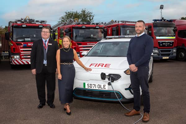 Scott Roberts, national fleet manager for Scottish Fire and Rescue Service; Caryn Gibson, economics partnership manager, Dundee & Angus College; Steven Swinley, head of curriculum and quality for engineering at Dundee & Angus College.