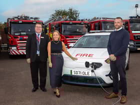 Scott Roberts, national fleet manager for Scottish Fire and Rescue Service; Caryn Gibson, economics partnership manager, Dundee & Angus College; Steven Swinley, head of curriculum and quality for engineering at Dundee & Angus College.