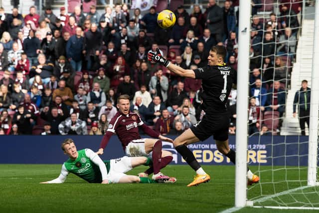 Stephen Kingsley scores to make it 2-1 to Hearts.
