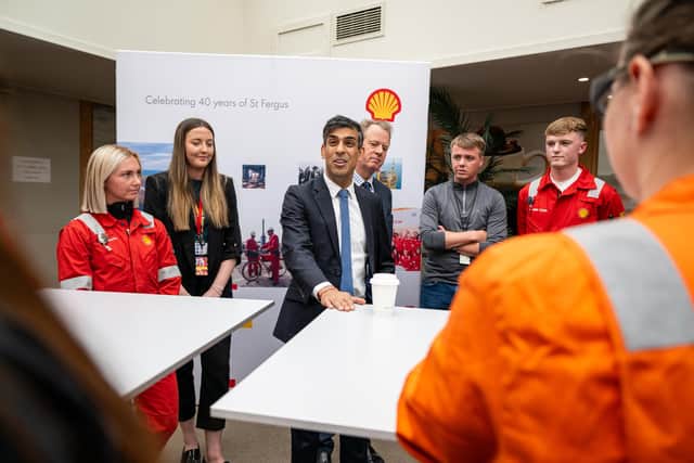 Rishi Sunak visits the Shell St Fergus Gas Plant in Peterhead on Monday to announce funding for the Acorn carbon capture project and 100 new licences for oil and gas exploration (Picture: Euan Duff/WPA pool/Getty Images)