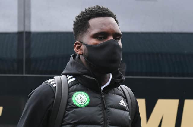 Celtic's Odsonne Edouard arriving masked-up at McDiarmid Park on Sunday (Photo by Craig Foy / SNS Group)
