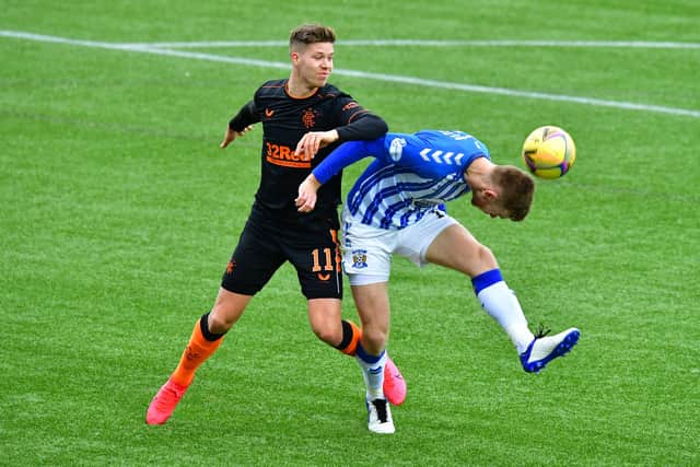 Cedric Itten challenges Stuart Findlay during Rangers' 1-0 win over Kilmarnock at Rugby Park in the Premiership on Sunday. (Photo by Mark Runnacles/Getty Images)