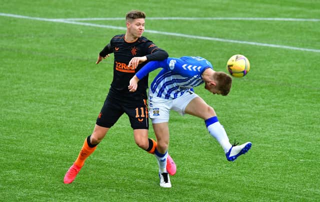 Cedric Itten challenges Stuart Findlay during Rangers' 1-0 win over Kilmarnock at Rugby Park in the Premiership on Sunday. (Photo by Mark Runnacles/Getty Images)