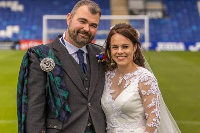 Kate Forbes and her now Husband Alasdair MacLennan at the Global Energy Stadium, home of Ross County FC, a short distance from the church in Dingwall where the pair married on Thursday. (Picture credit: Chris Hoskins Photography)