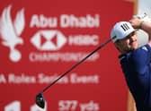 Connor Syme tees off on the 11th hole in the third round of the Abu Dhabi HSBC Championship at Yas Links. Picture: Ross Kinnaird/Getty Images.