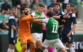 Hibs midfielder Joe Newell reacts angrily after being sent off against Santa Coloma.