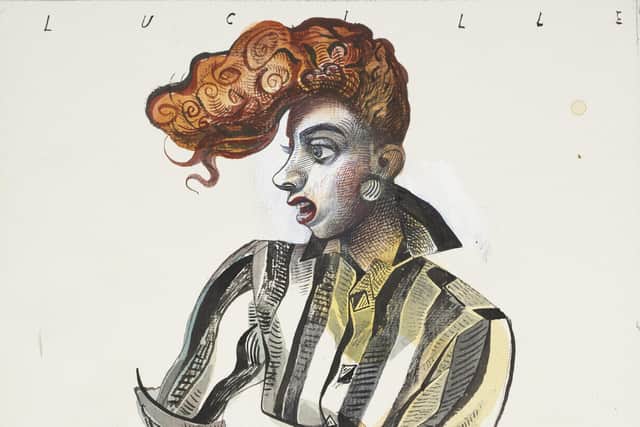 John Byrne, The Slab Boys: costume design for Lucille, 1978. PIC: © John Byrne. All Rights Reserved, DACS 2023