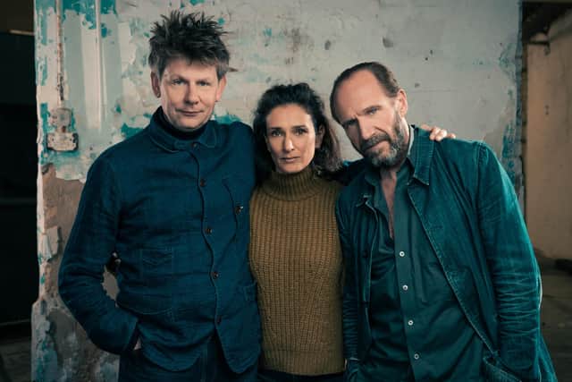 Director Simon Godwin with Macbeth stars Indira Varma and Ralph Fiennes. Picture: Oliver Rosser