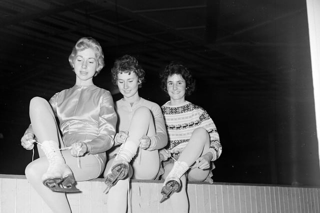 Angela Francis , Sheila Armstrong and Helen Brown get ready for the amateur ice show  Icerama in 1956.