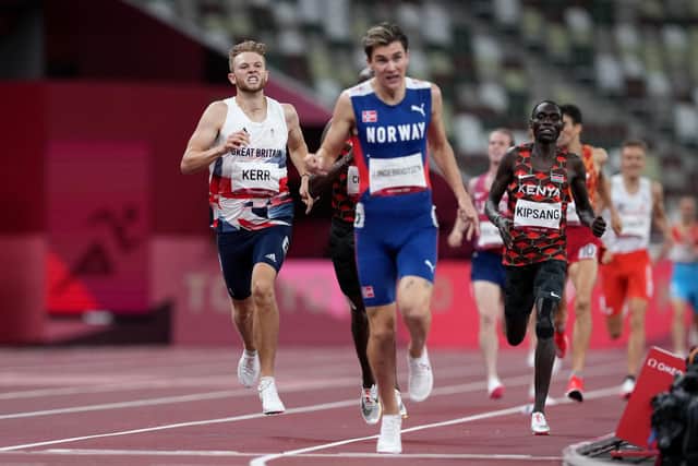 Britain's Josh Kerr, left, comes home to win bronze in the men's 1500m final as Norway's Jakob Ingebrigtsen takes gold. Picture: Martin Rickett/PA Wire