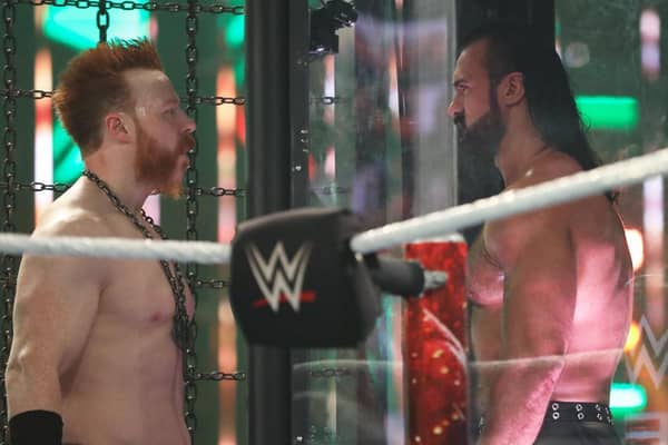 Sheamus and Drew McIntyre engage in a tense stare down ahead of the WWE Championship Elimination Chamber match (Photo: WWE.com)