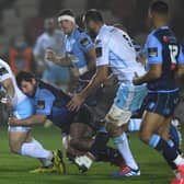 Brad Thyer is pictured tackling Glasgow Warriors' Pete Horne last season. Glasgow have signed the prop on loan from Cardiff. (Photo by Stu Forster/Getty Images)