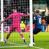 Celtic’s Gustaf Lagerbielke heads home the late winner against Feyenoord. (Photo by Craig Williamson / SNS Group)