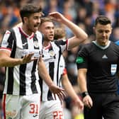 St. Mirren's Declan Gallagher complains to the referee Nick Walsh after his foul on Antonio Colak resulted in a penalty to Rangers. (Photo by Alan Harvey / SNS Group)