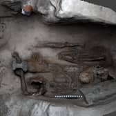 The inside of the Viking grave with the remains of what is believed to be a large man, who was buried with a sword placed over his body. PIC: HES.