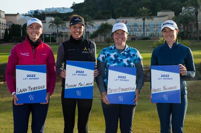Laura Beveridge, far left, and Hazel MacGarvie, far right, celebrate winning LET cards for 2022 along with England's Meghan MacLaren and Becky Brewerton from Wales. Picture: Tristan Jones