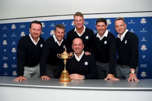 Winning 2018 Ryder Cup captain Thomas Bjorn flanked by vice captains Graeme McDowell, Lee Westwood, Robert Karlsson, Padraig Harrington and Luke Donald. Picture: Ross Kinnaird/Getty Images.