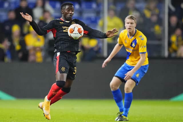 Rangers striker Fashion Sakala had a frustrating night in Denmark before being replaced in the second half of the Europa League match against Brondby. (Photo by MARTIN SYLVEST/Ritzau Scanpix/AFP via Getty Images)