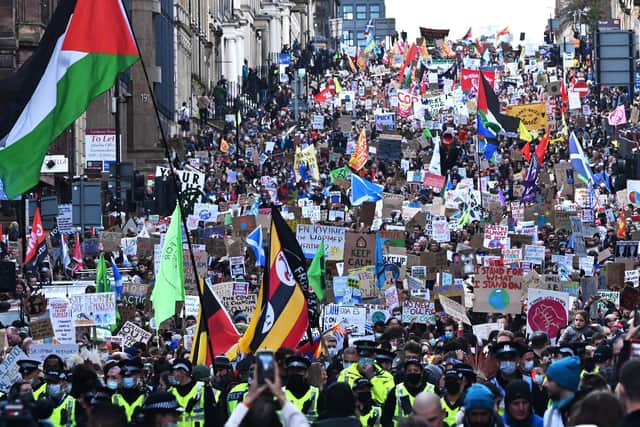 A mass rally in Glasgow during  COP26 climate summit. PIC: John Devlin.