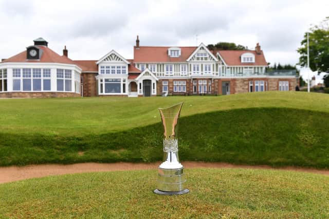 The AIG Women's Open Trophy sits on the 18th green at Muirfield, where the final major of the season takes place this week. Picture: Mark Runnacles/R&A/R&A via Getty Images.
