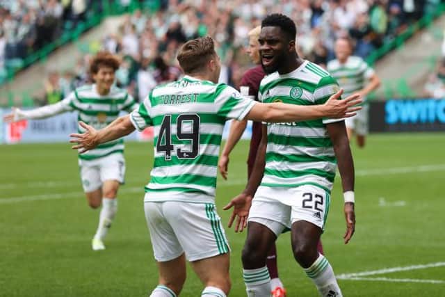 Odsonne Edouard (right) celebrates with team-mate James Forrest after opening the scoring for Celtic in their Premier Sports Cup tie against Hearts. (Photo by Craig Williamson / SNS Group)