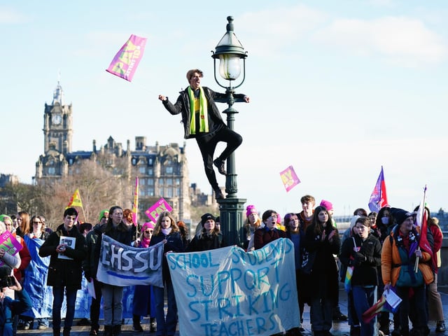 People gather at the Mound in central Edinburgh to highlight the need for a fair pay deal for Scotland's teachers, as teachers continue to take strike action in a dispute over pay. Picture date: Wednesday January 25, 2023.