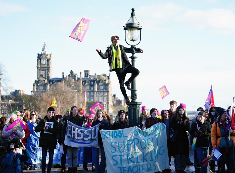 People gather at the Mound in central Edinburgh to highlight the need for a fair pay deal for Scotland's teachers, as teachers continue to take strike action in a dispute over pay. Picture date: Wednesday January 25, 2023.