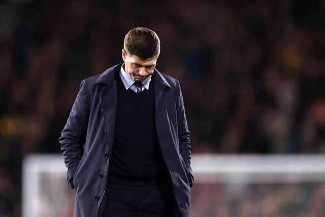 Steven Gerrard looks dejected following Aston Villa's 3-0 defeat to Fulham that has led to his departure. (Photo by Ryan Pierse/Getty Images)