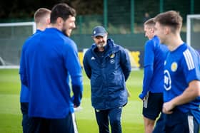 Steve Clarke takes a Scotland training session ahead of Tuesday's clash in Torshavn.