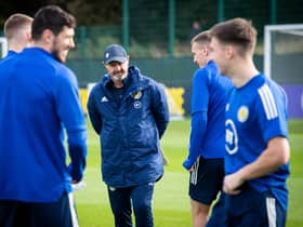 Steve Clarke takes a Scotland training session ahead of Tuesday's clash in Torshavn.