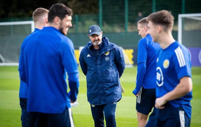 Steve Clarke takes a Scotland training session ahead of Tuesday's clash in Torshavn.