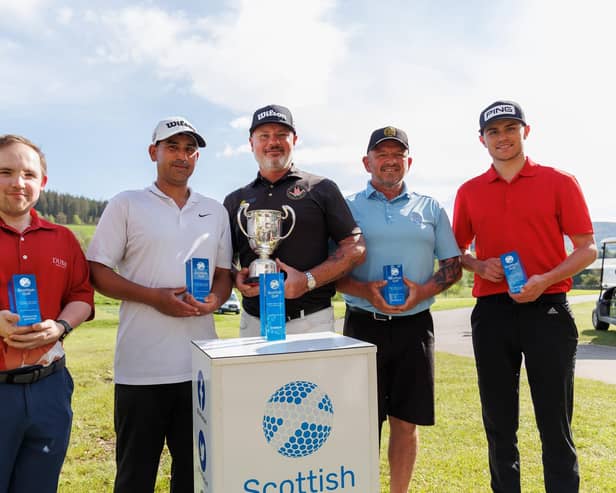 Australian Wayne Perske, centre, flanked  by the other category winners in the inaugural Scottish Open for Golfers at Cardrona Cardrona Golf Hotel and Spa. Picture: Scottish Golf
