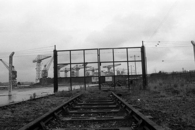 The gates of the unused Rothesay dock at Clydebank in August 1980