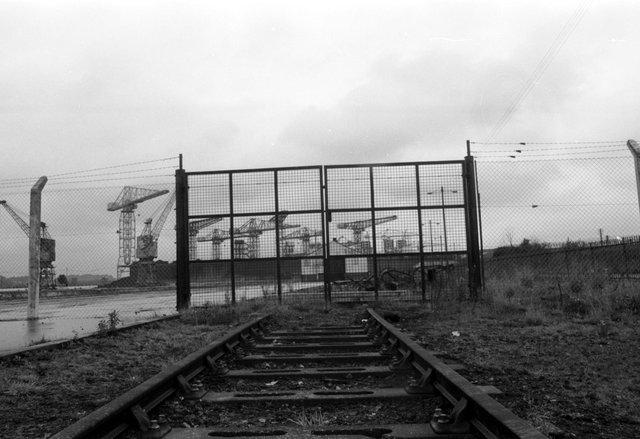 The gates of the unused Rothesay dock at Clydebank in August 1980