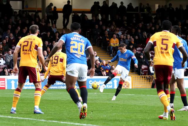 Rangers captain James Tavernier scores his team's equaliser as they came from behind to beat Motherwell 6-1 at Fir Park on Sunday. (Photo by Ian MacNicol/Getty Images)